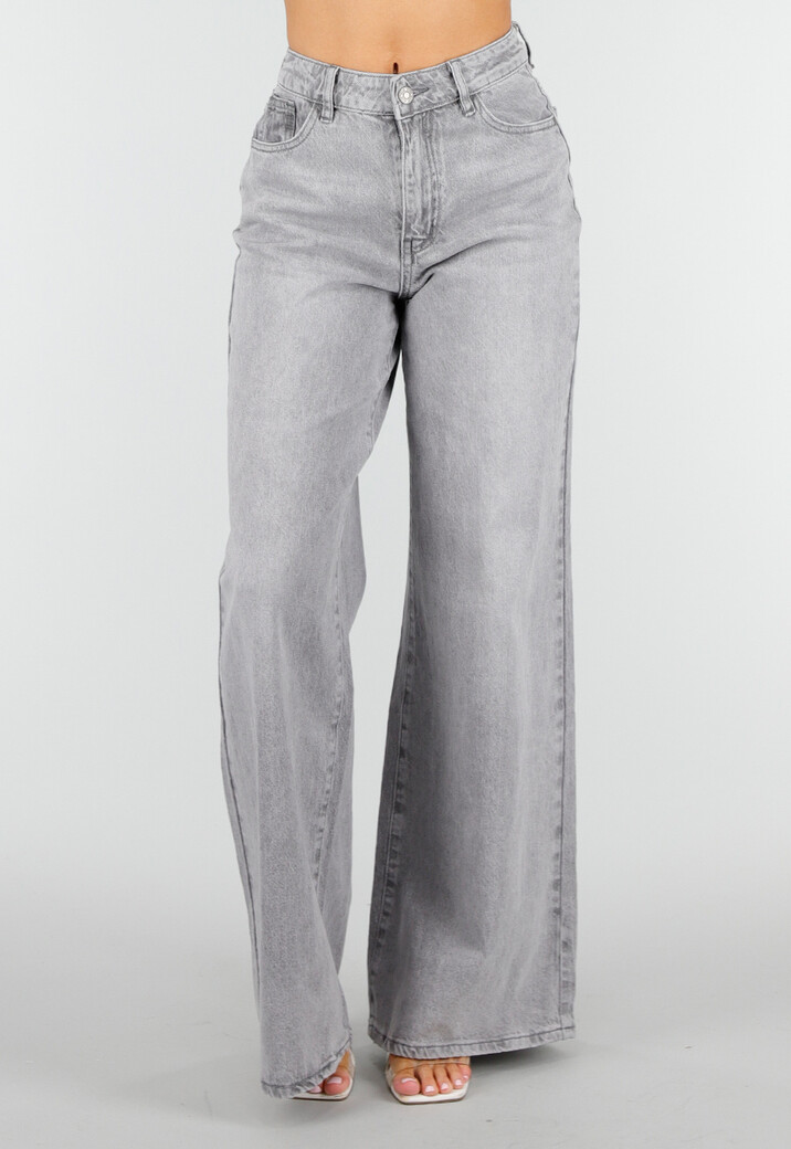 Grijze Extra Wide Leg Jeans met Hoge Taille en Rechte Pijpen