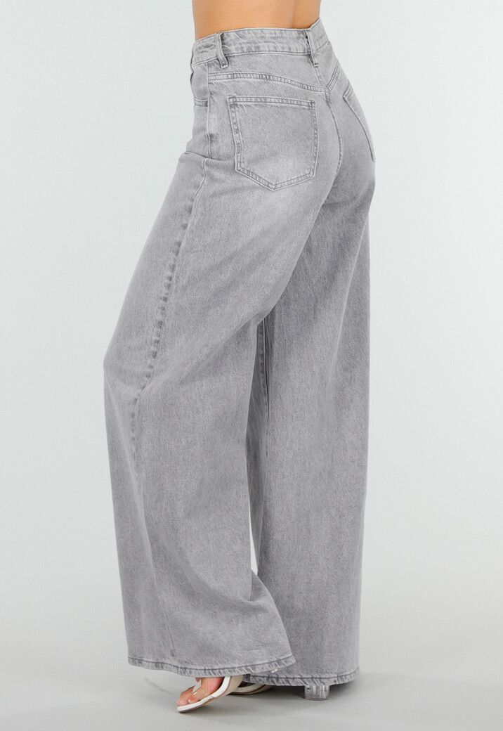 Grijze Extra Wide Leg Jeans met Hoge Taille en Rechte Pijpen