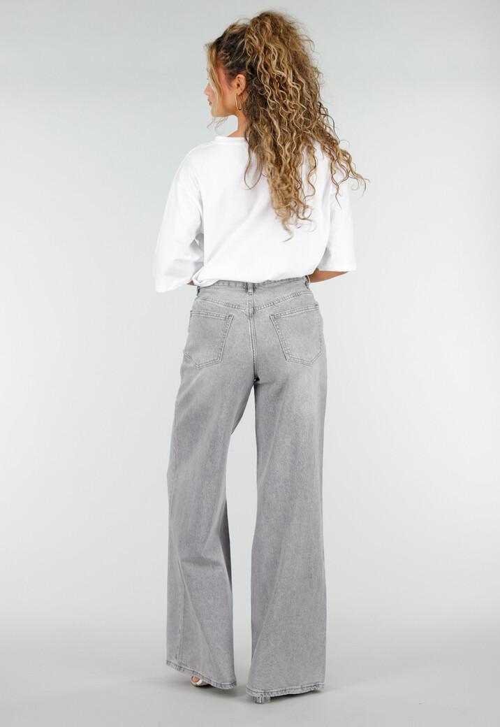 Grijze Extra Wide Leg Jeans met Hoge Taille en Rechte Pijpen