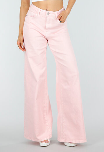 Lichtroze Wide Leg Jeans met Hoge Taille