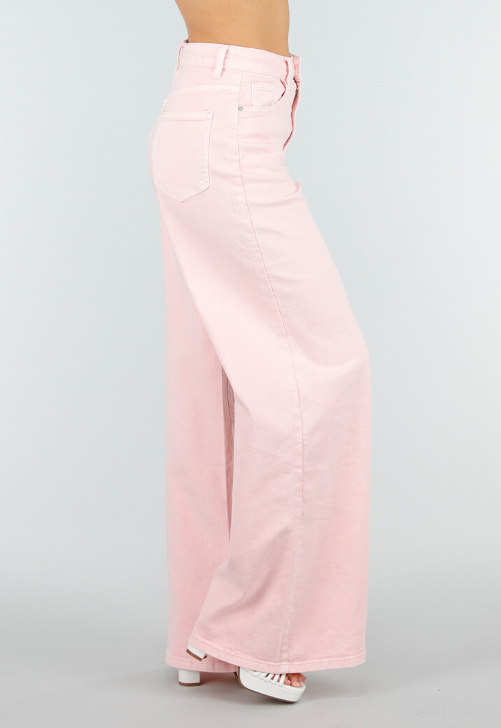 Lichtroze Extra Wide Leg Jeans met Hoge Taille en Rechte Pijpen
