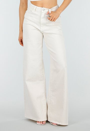 Beige Wide Leg Jeans met Hoge Taille