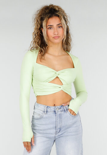 Mintgroene Crop Top met Lange Mouwen en Twist