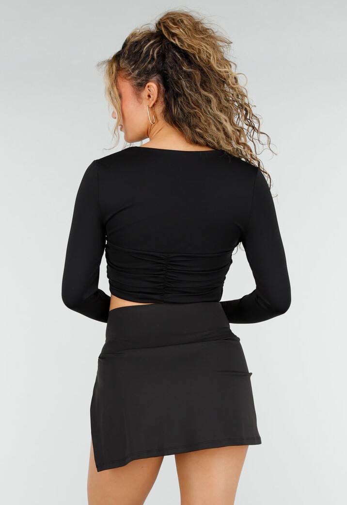 Zwarte Crop Top met Lange Mouwen en Twist en Stretch