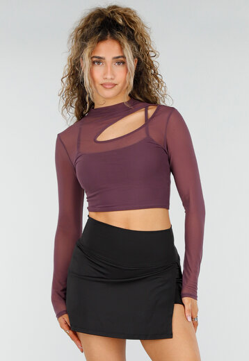 Paarse Mesh Crop Top met Lange Mouwen
