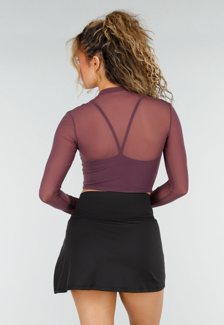 Paarse Mesh Crop Top met Lange Mouwen en Cut Out