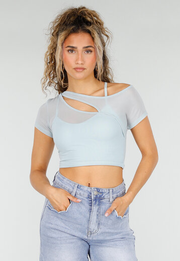 Lichtblauwe Mesh Crop Top met Korte Mouw