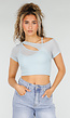 Lichtblauwe Mesh Crop Top met Korte Mouw en Pads