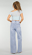 Lichtblauwe Mesh Crop Top met Korte Mouw en Pads