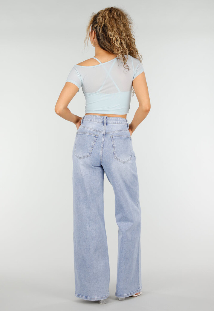 Lichtblauwe Mesh Crop Top met Korte Mouw en Pads