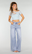 Lichtblauwe Mesh Crop Top met Korte Mouw en Pads