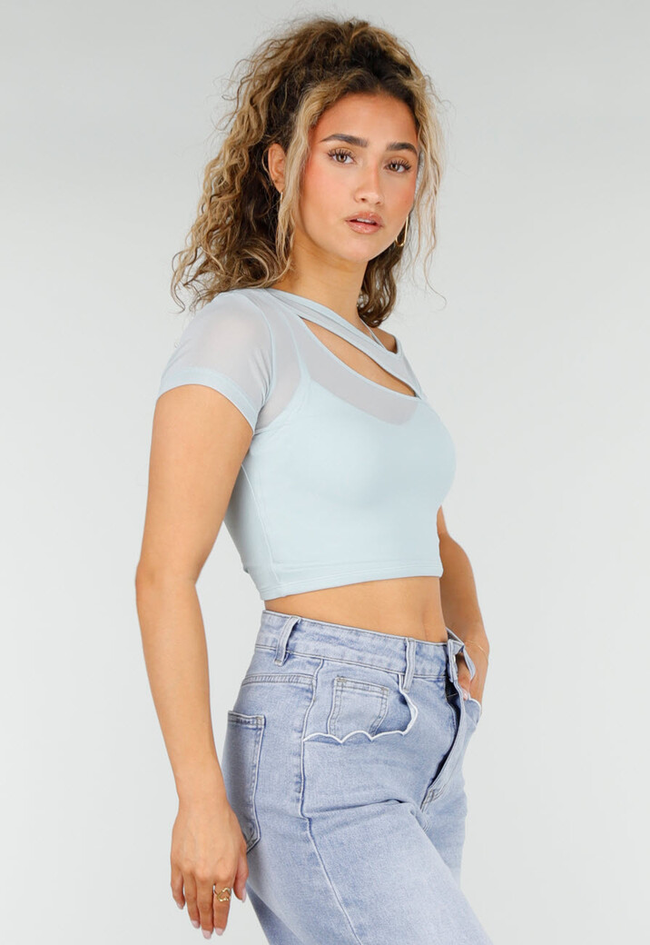 Lichtblauwe Mesh Crop Top met Korte Mouw en Pads