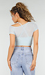 Lichtblauwe Mesh Crop Top met Korte Mouw en Pads