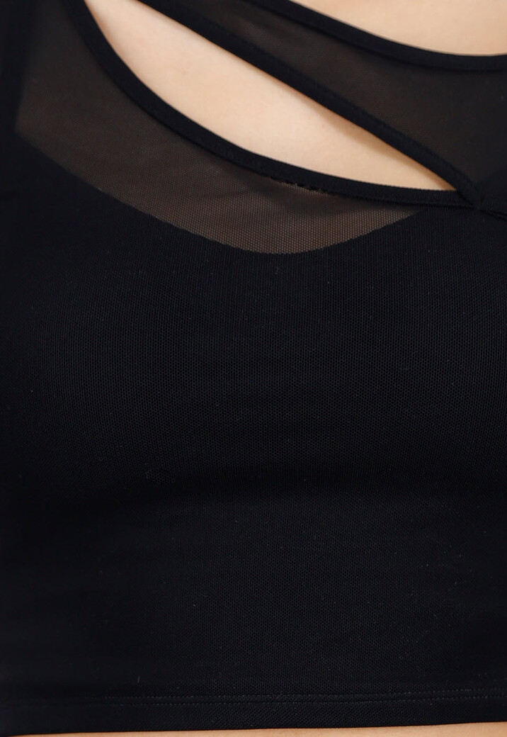 Zwarte Mesh Crop Top met Korte Mouw en Pads