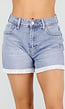 Lichtblauwe Denim Short met Gehaakte Omslag en Lichte Stretch