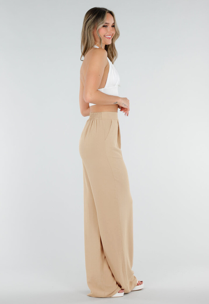 High Waist Beige Linnen Look Tall Broek met Tailleband
