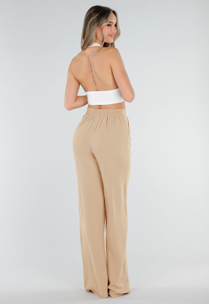 High Waist Beige Linnen Look Tall Broek met Tailleband