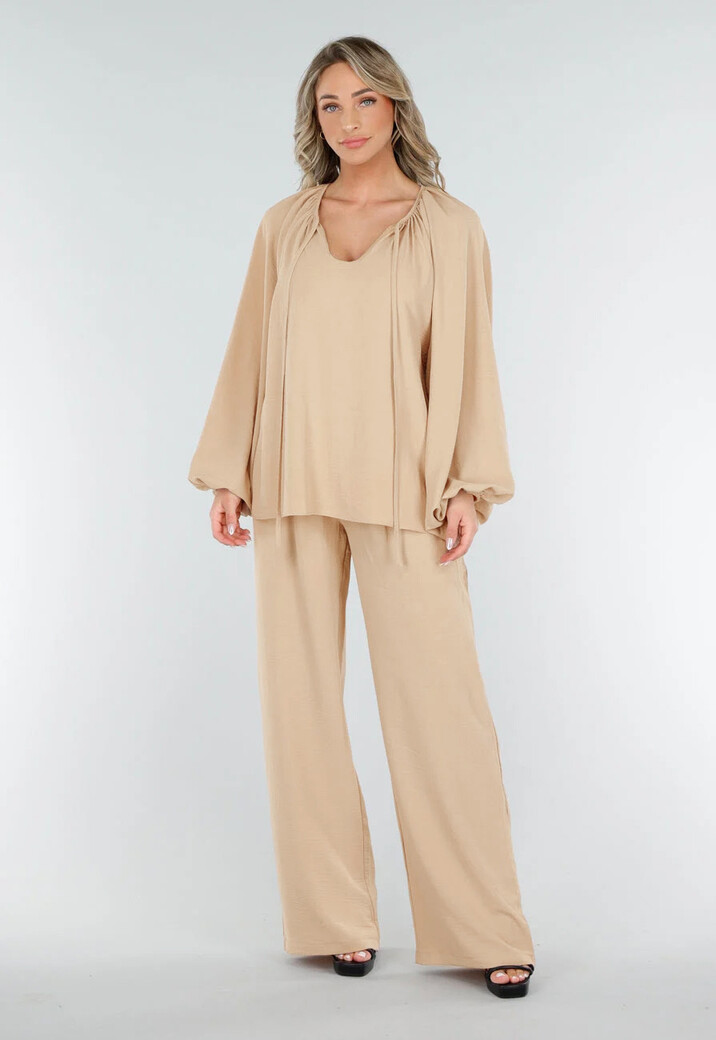 Beige Lange Mouwen Blouse met V-hals en Koordjes