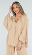 Beige Lange Mouwen Blouse met V-hals en Koordjes