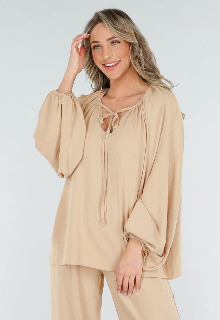 Beige Lange Mouwen Blouse met V-hals en Koordjes