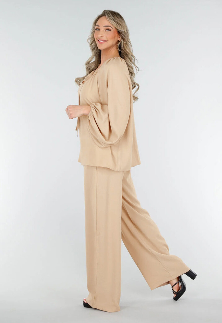 Beige Lange Mouwen Blouse met V-hals en Koordjes