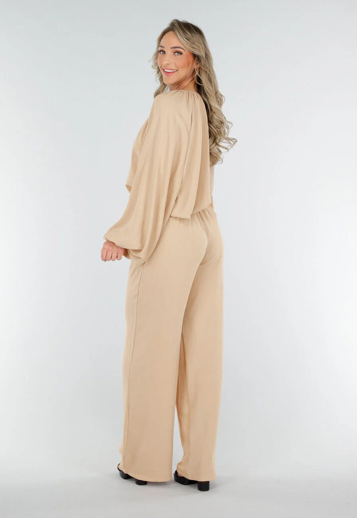 Beige Lange Mouwen Blouse met V-hals en Koordjes