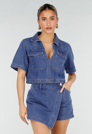 Blauwe Denim Set met Cropped Top en Skort
