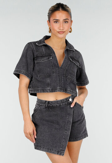 Grijze Denim Set met Crop Top en Skort