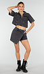 Donkergrijze Denim Set met Korte Mouw Crop Top en Skort