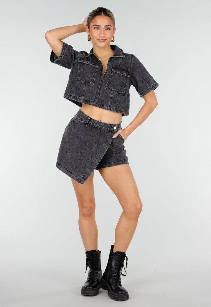 Donkergrijze Denim Set met Korte Mouw Crop Top en Skort