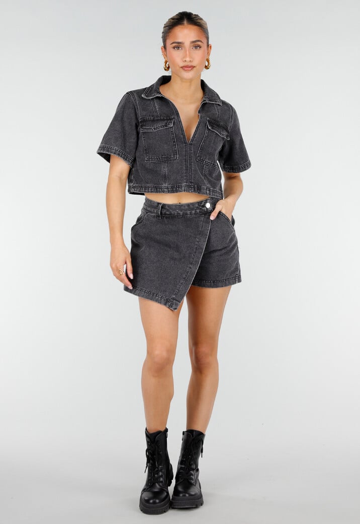 Donkergrijze Denim Set met Korte Mouw Crop Top en Skort