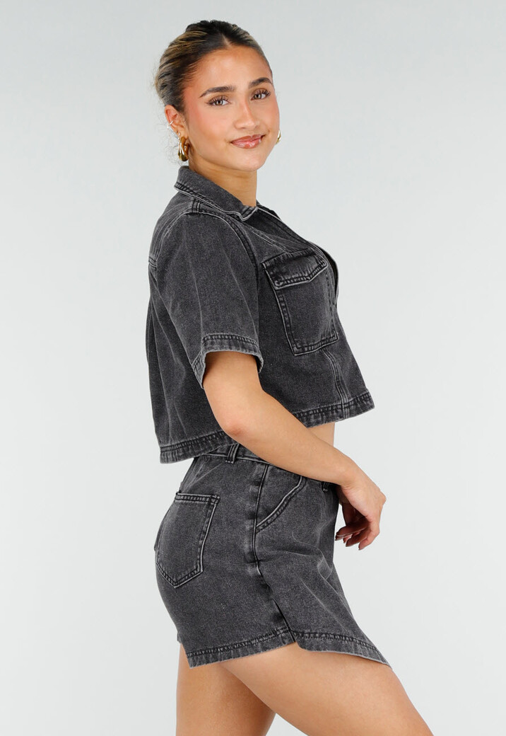 Donkergrijze Denim Set met Korte Mouw Crop Top en Skort