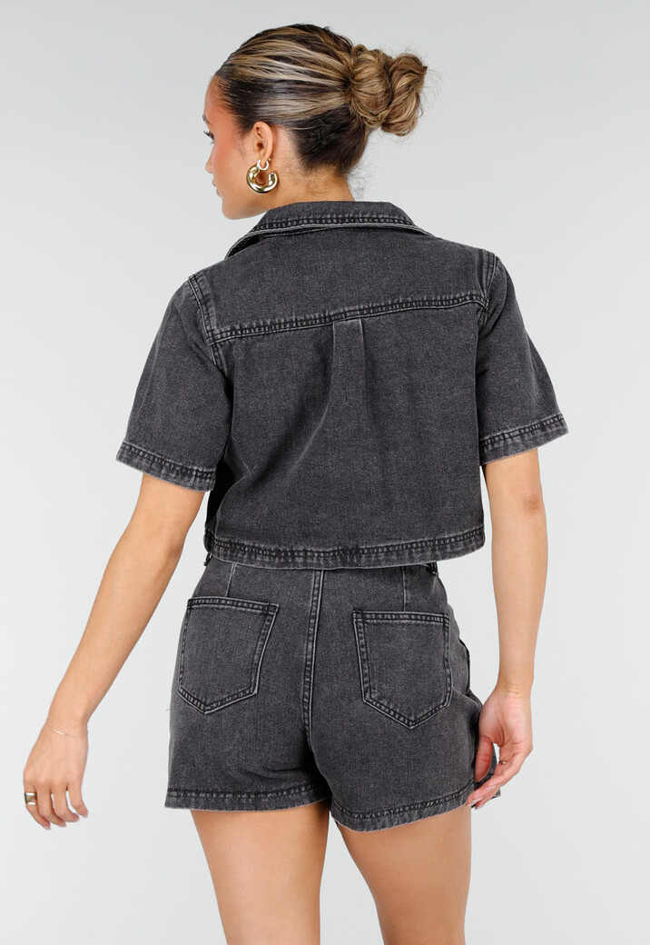 Donkergrijze Denim Set met Korte Mouw Crop Top en Skort