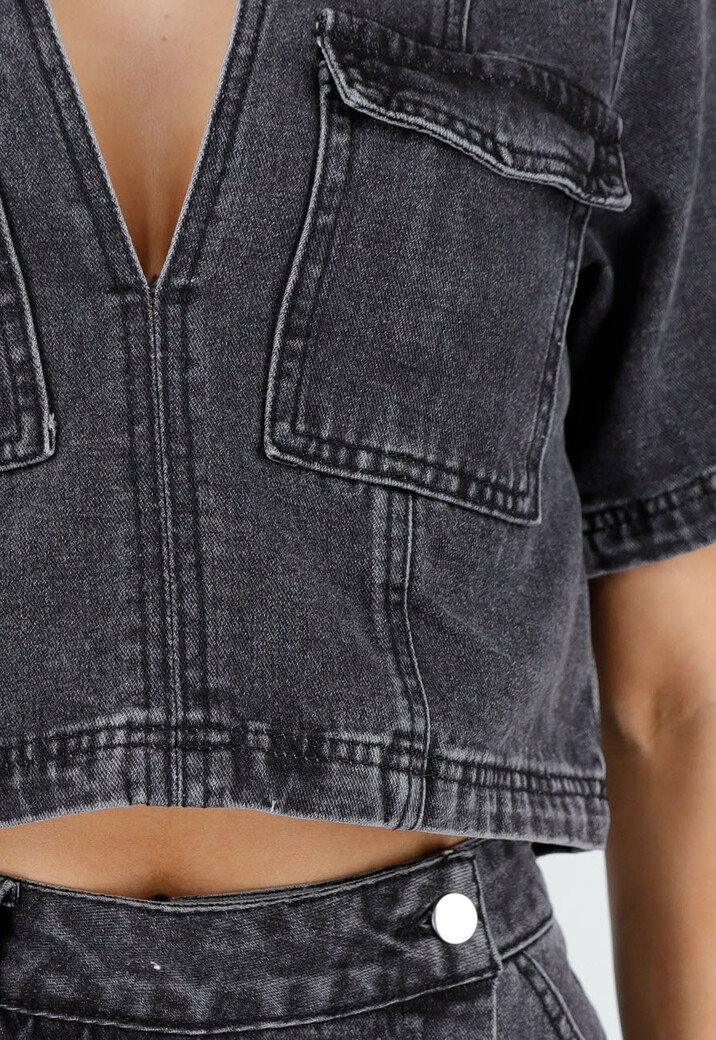 Donkergrijze Denim Set met Korte Mouw Crop Top en Skort