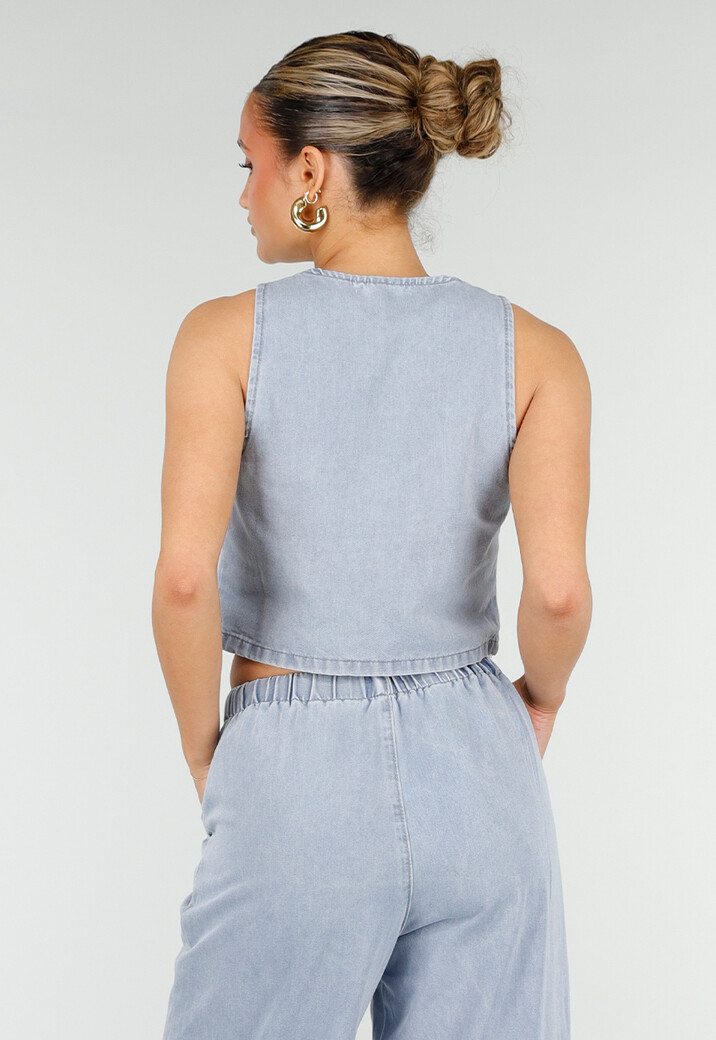 Lichtblauwe Denim Set met Gilet Top en Wijde Broek