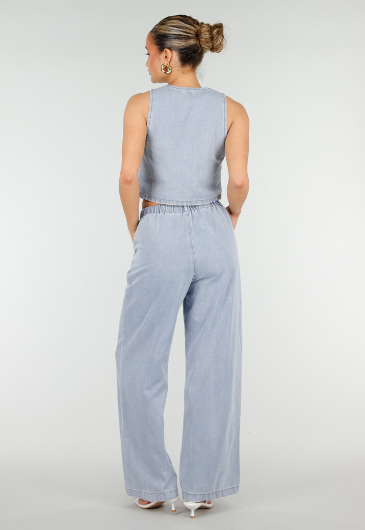 Lichtblauwe Denim Set met Gilet Top en Wijde Broek