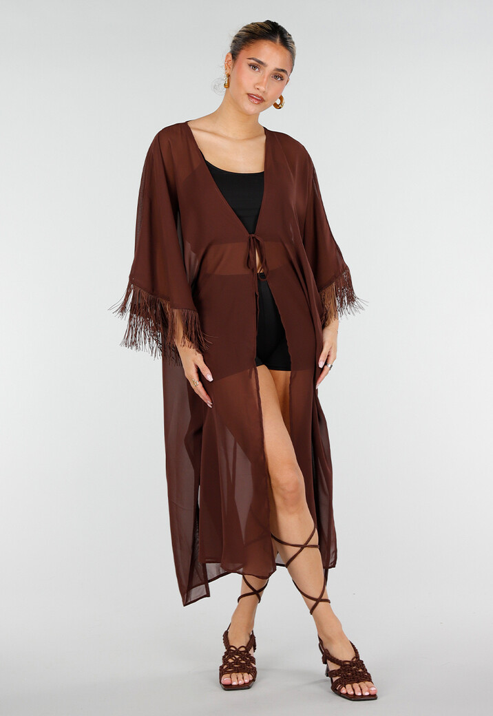 Bruine Kimono met Halflange Mouwen en Franjes
