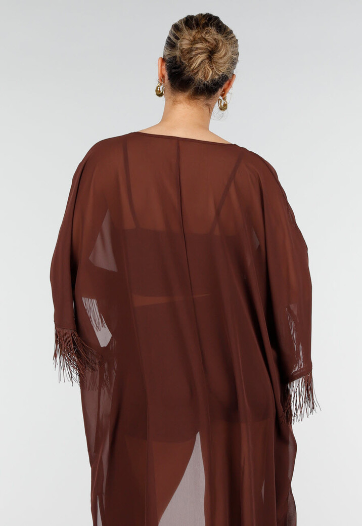Bruine Kimono met Halflange Mouwen en Franjes