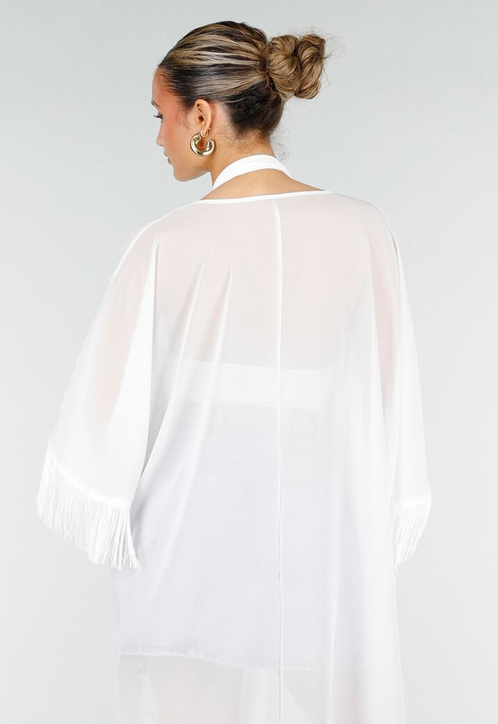 Witte Kimono met Halflange Mouwen Franjes en Striksluiting