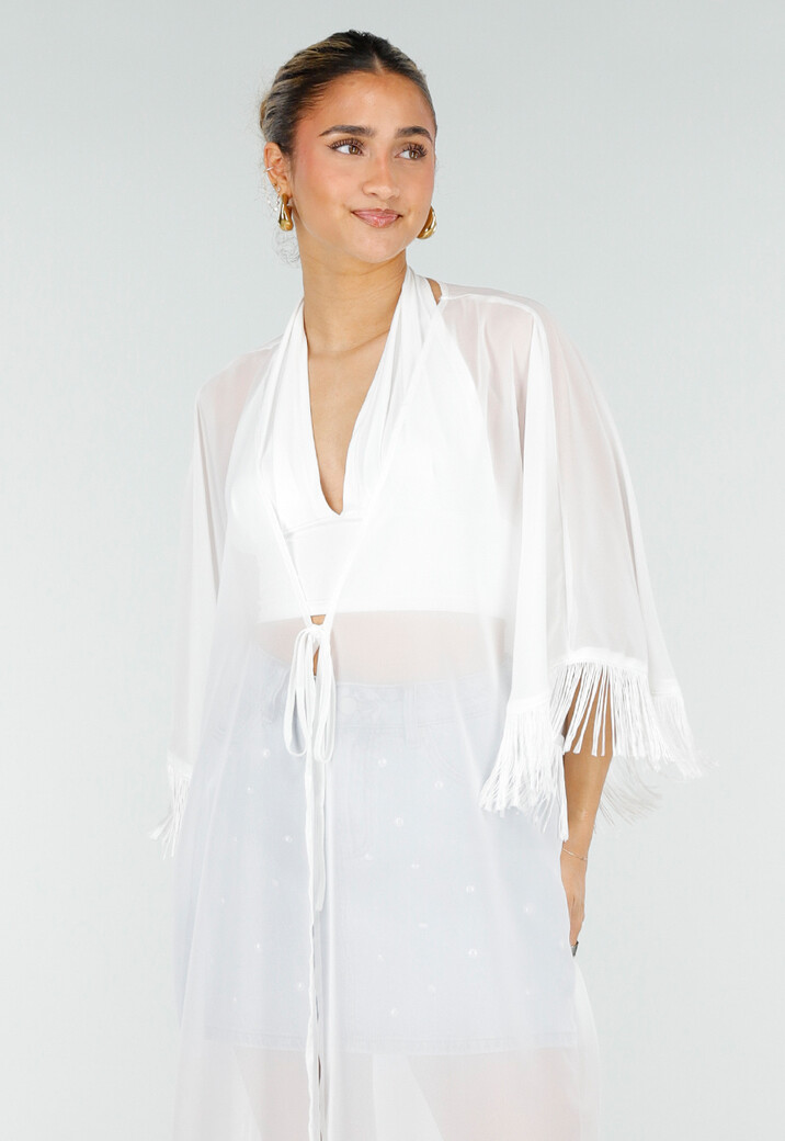 Witte Kimono met Halflange Mouwen Franjes en Striksluiting