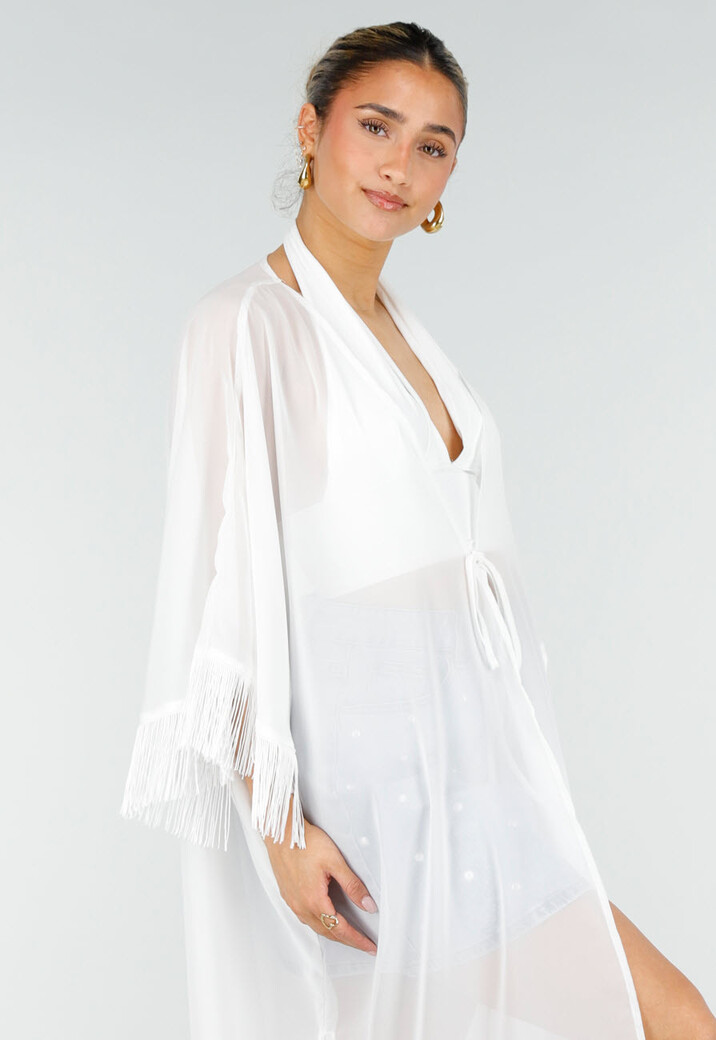 Witte Kimono met Halflange Mouwen Franjes en Striksluiting
