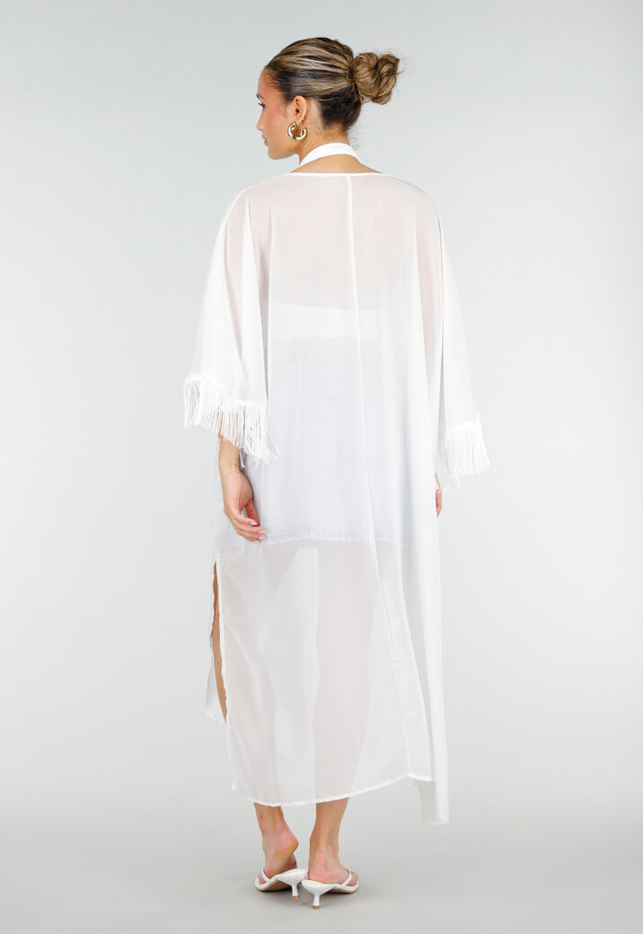 Witte Kimono met Halflange Mouwen Franjes en Striksluiting