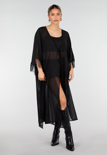 Zwarte Kimono met Franjes en Striksluiting
