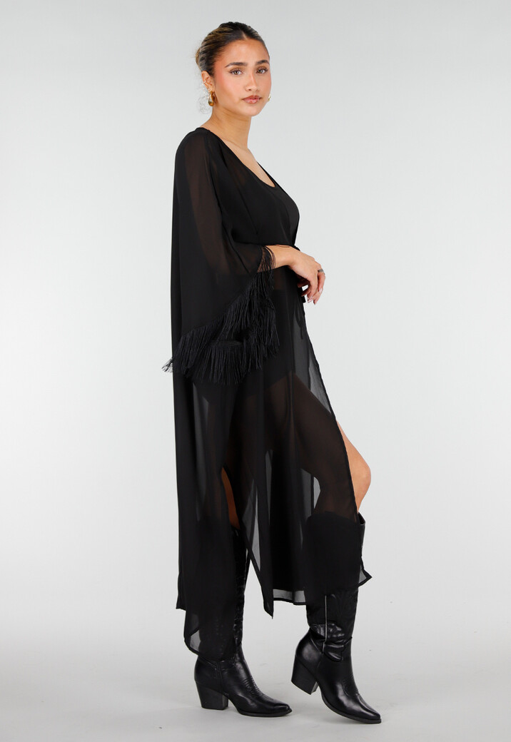 Zwarte Kimono met Halflange Mouwen en Franjes