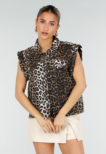 Panterprint Denim Gilet met Ruffles