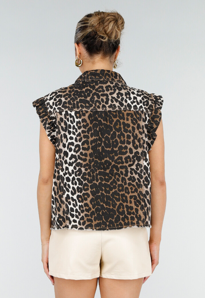 Bruine Denim Gilet met Panterprint en Ruffle Mouwen