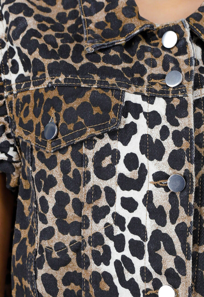 Bruine Denim Gilet met Panterprint en Ruffle Mouwen