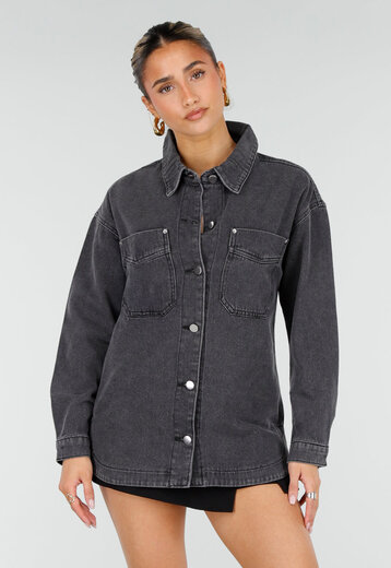 Grijze Denim Blouse met Drukknopen