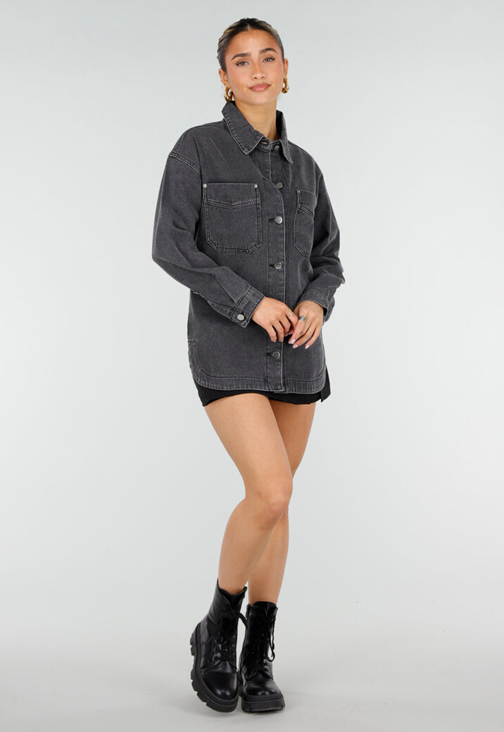 Donkergrijze Denim Blouse met Drukknoopsluiting en Lange Mouwen
