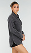 Donkergrijze Denim Blouse met Drukknoopsluiting en Lange Mouwen